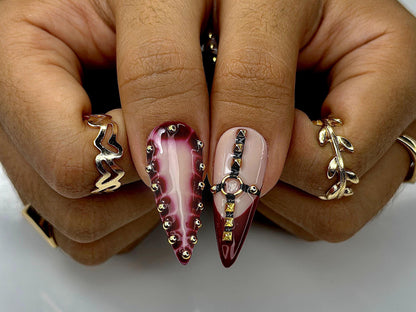 Gothic Luxe Spike Press On Nails  Burgundy Studded Nails
