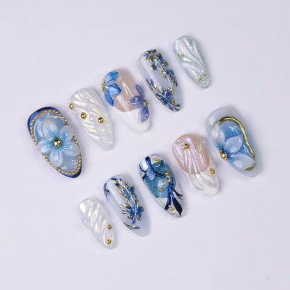 Blue Blossom 3D Floral Press On Nails