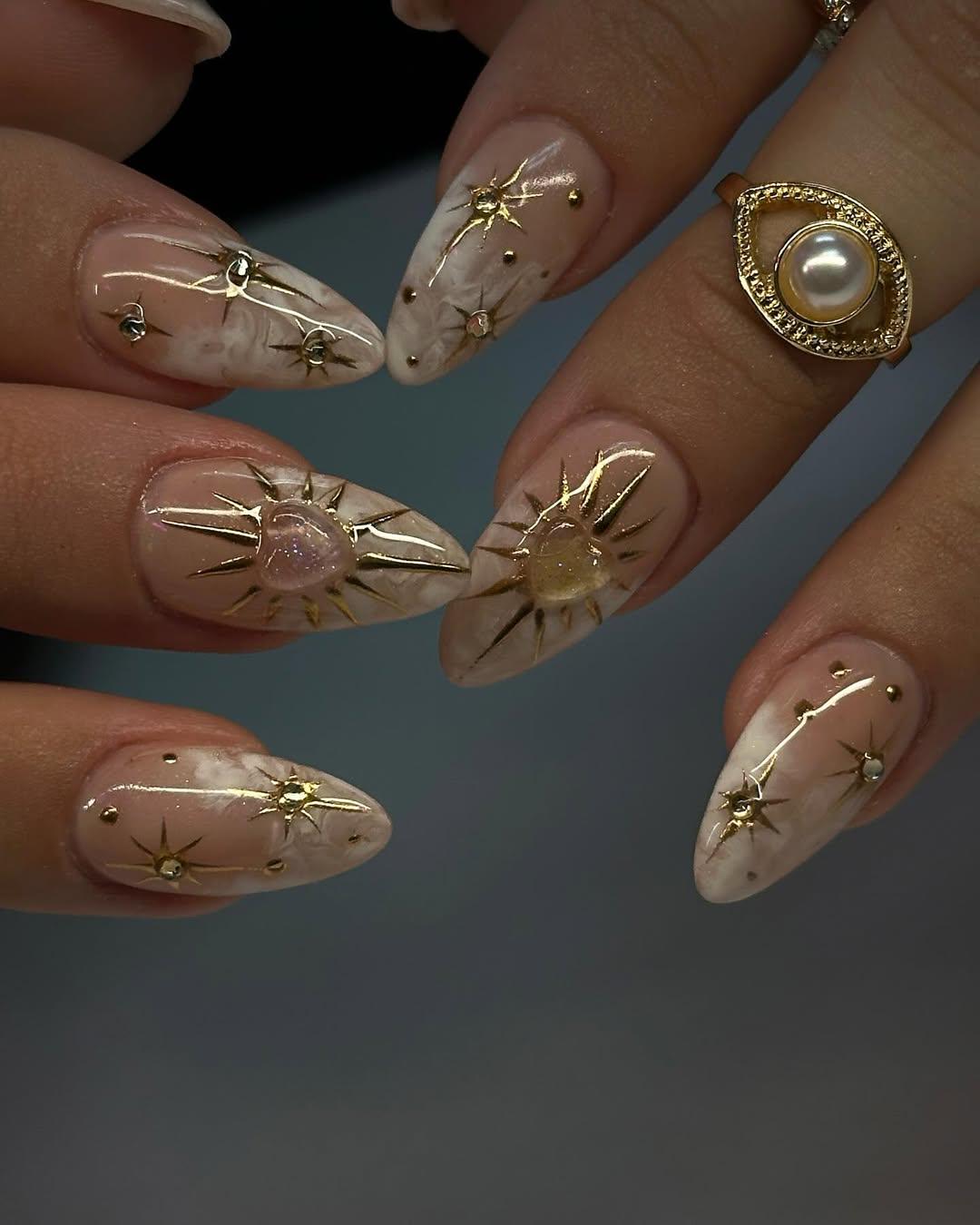 Celestial Star Nail Art with Pearl Gold Rings