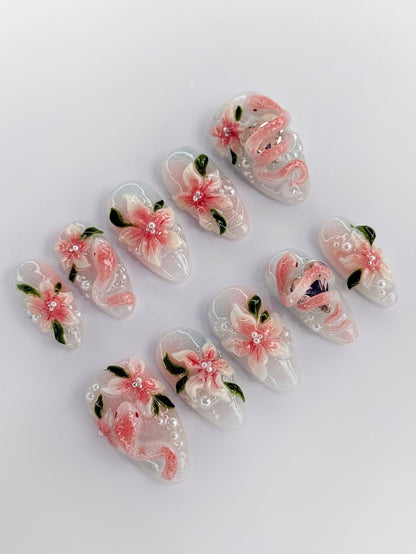 Pink Floral Jelly Press On Nails With 3D Flower Pearl Design
