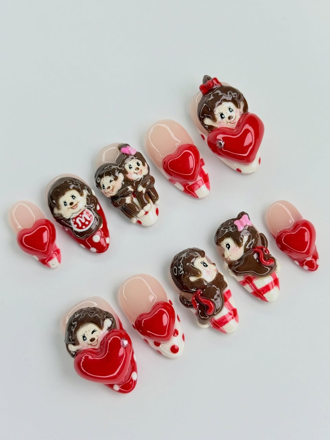 Valentine Monkey Heart Press On Nails Red White Cute Love Nail Set