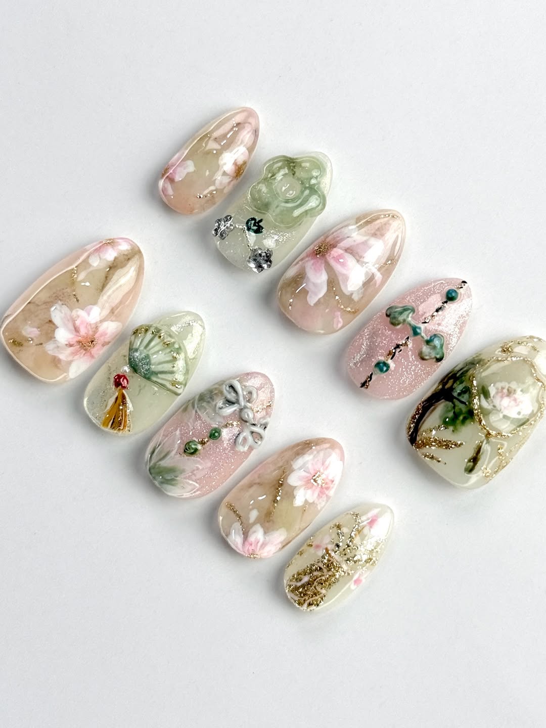 Soft Floral Press On Nails Nude Pink Handmade Art Set