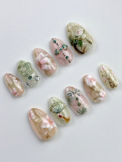 Soft Floral Press On Nails Nude Pink Handmade Art Set