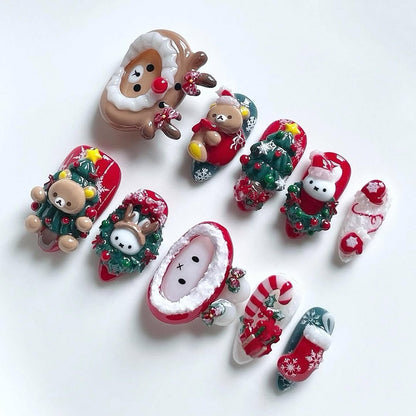 Cute Christmas Press On Nails 3D Holiday Animal Nail Set