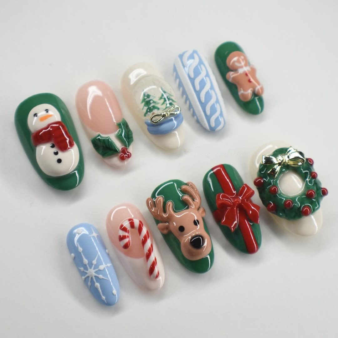 Christmas Press On Nails 3D Holiday Snowman Reindeer Nail Set