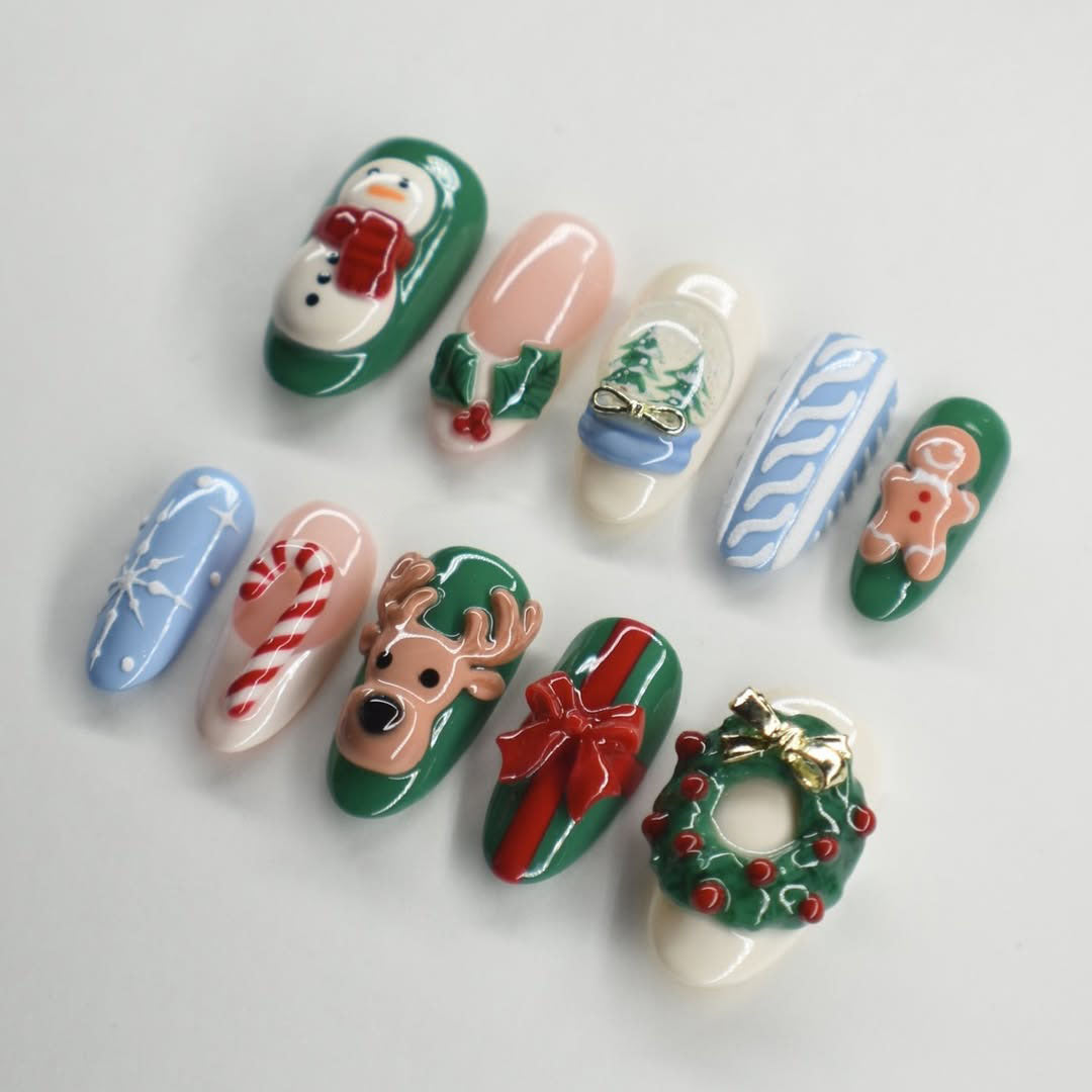 Christmas Press On Nails 3D Holiday Snowman Reindeer Nail Set