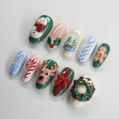 Christmas Press On Nails 3D Holiday Snowman Reindeer Nail Set