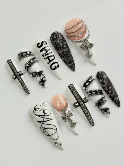 Gothic Cross Stiletto Press On Nails Black and White