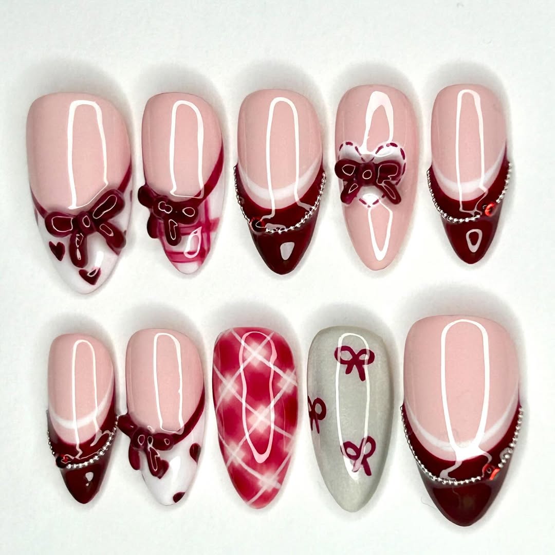 Burgundy Bow French Press On Nails Elegant Romantic Nail Set