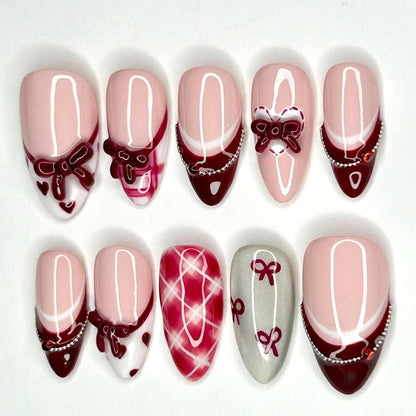Burgundy Bow French Press On Nails Elegant Romantic Nail Set