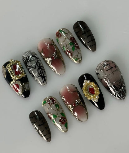 Vintage Gothic Frame Press On Nails Dark Rose Art Set