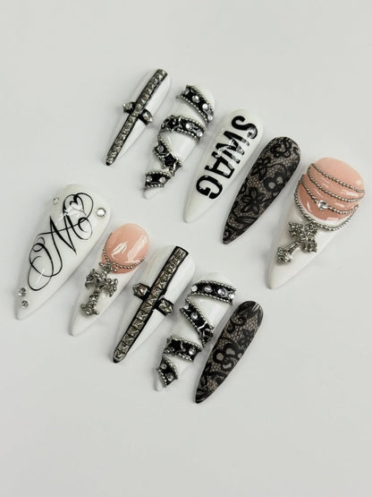 Gothic Cross Stiletto Press On Nails Black and White