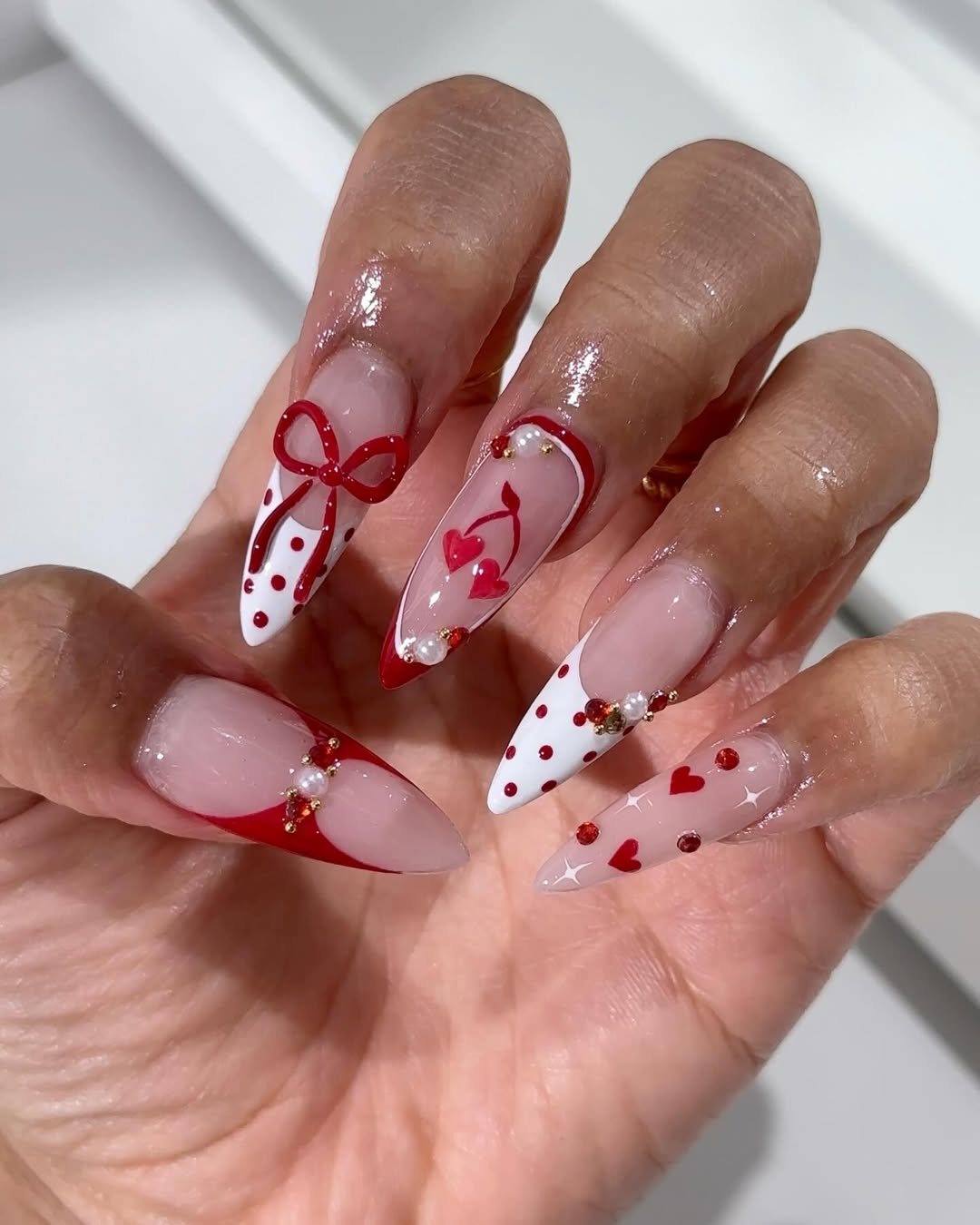Red Heart Bow Press On Nails Long Stiletto Set