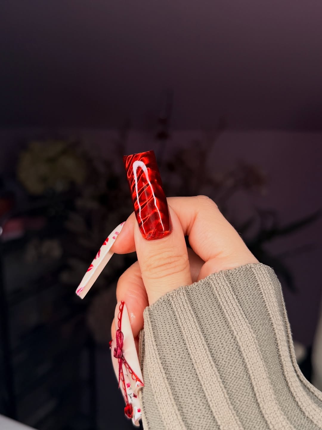 Red Ribbon Heart Press On Nails Romantic Long Nails