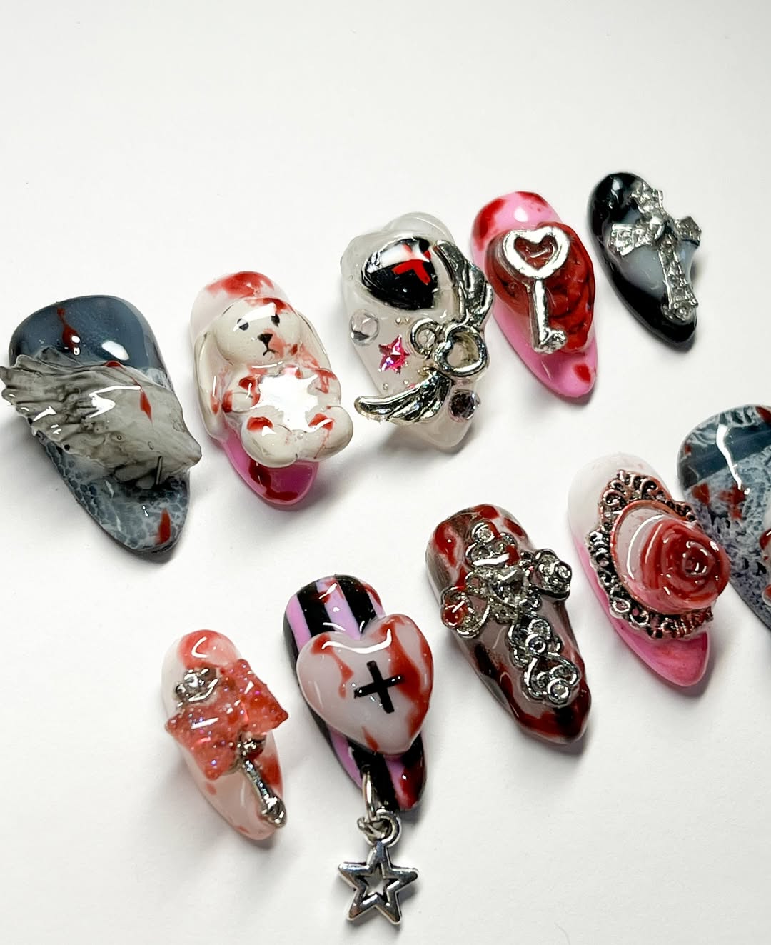 Gothic Heart Cross Press On Nails Long Statement Set