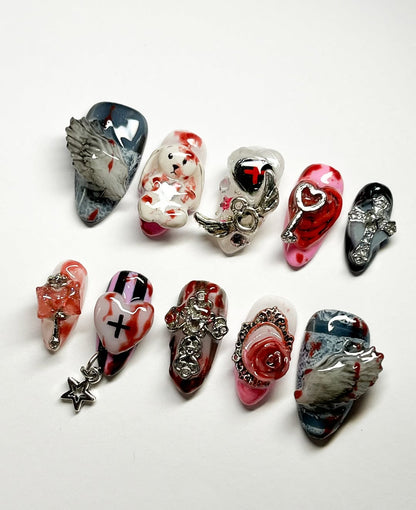 Gothic Heart Cross Press On Nails Long Statement Set