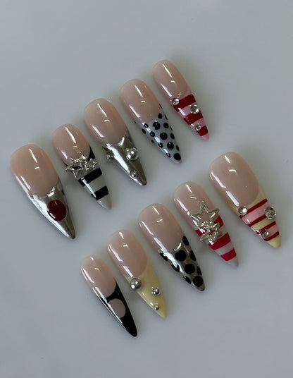 Modern Graphic Press On Nails Nude Silver Polka Dot Set