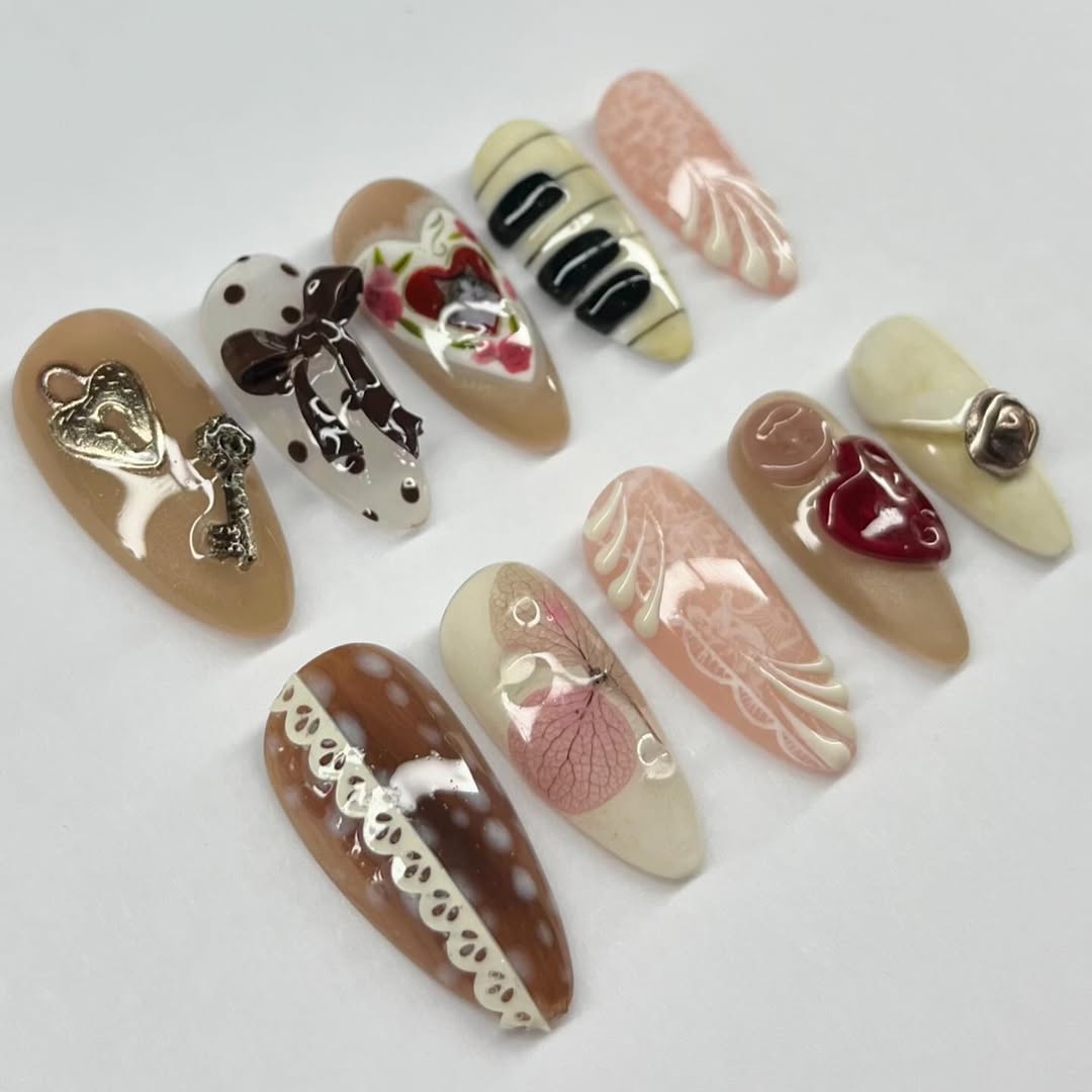 Vintage Cocoa Romance Press On Nails Handmade Neutral Art Set