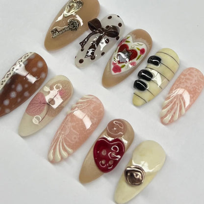 Vintage Cocoa Romance Press On Nails Handmade Neutral Art Set
