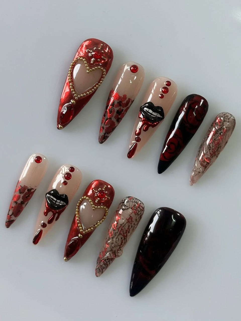 Gothic Red Heart Press On Nails Dark Romance Statement Set