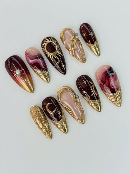 Burgundy Gold Celestial Press On Nails Luxury Sculpted Set