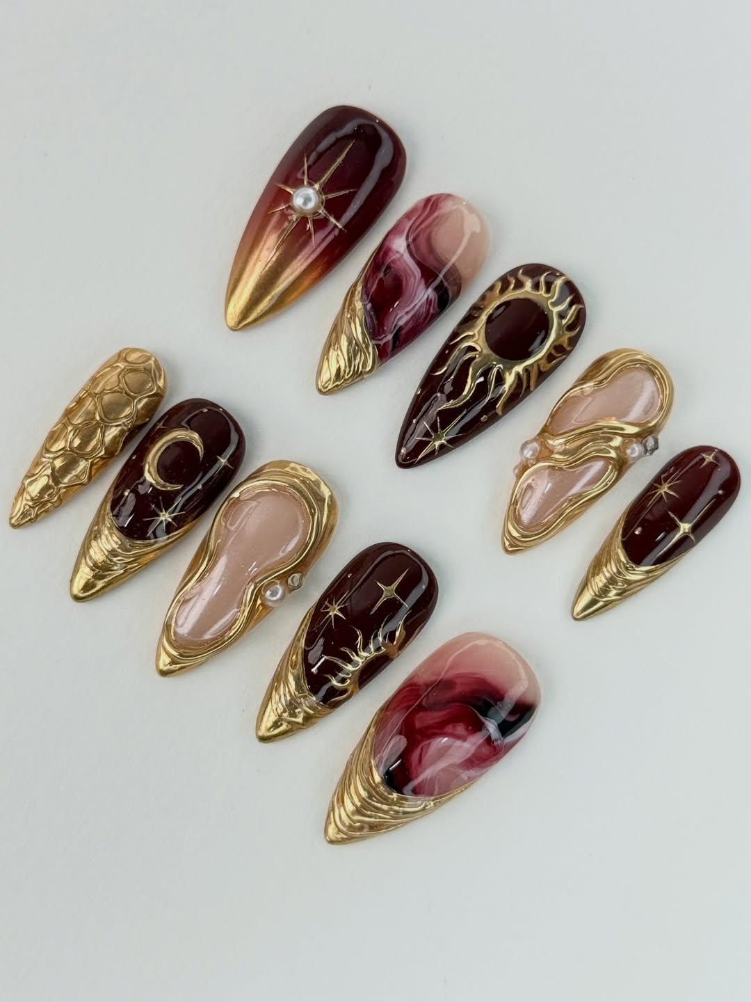 Burgundy Gold Celestial Press On Nails Luxury Sculpted Set