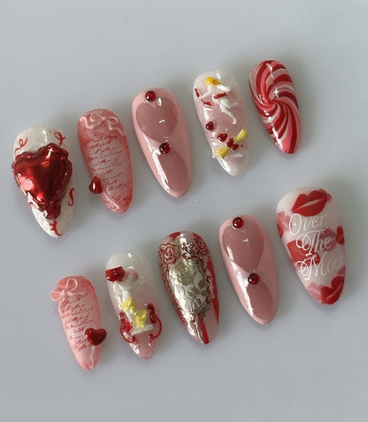 Sweet Pink Heart Press On Nails Romantic Candy Art Set