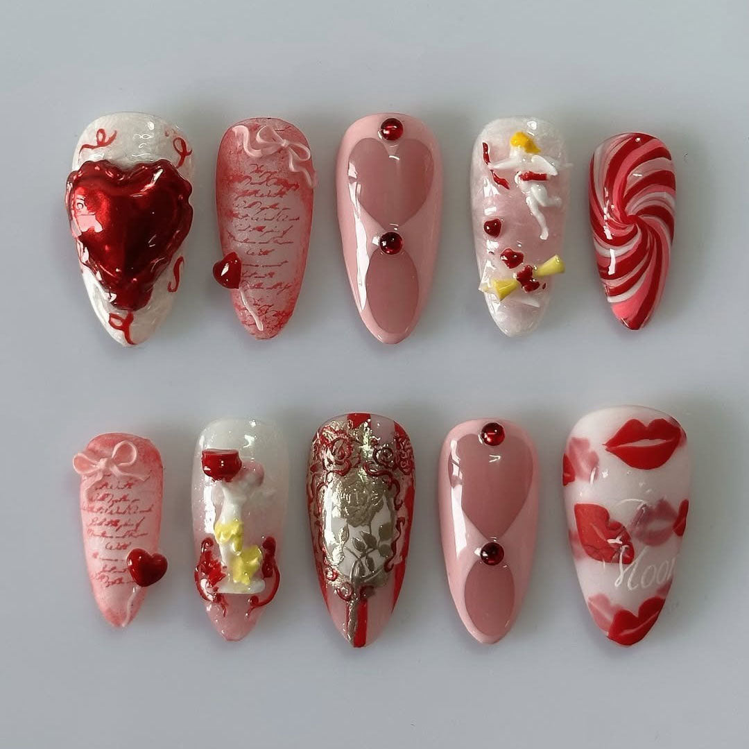 Sweet Pink Heart Press On Nails Romantic Candy Art Set