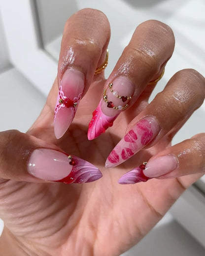 Pink Heart Kiss Press On Nails Luxury Romantic Statement Set
