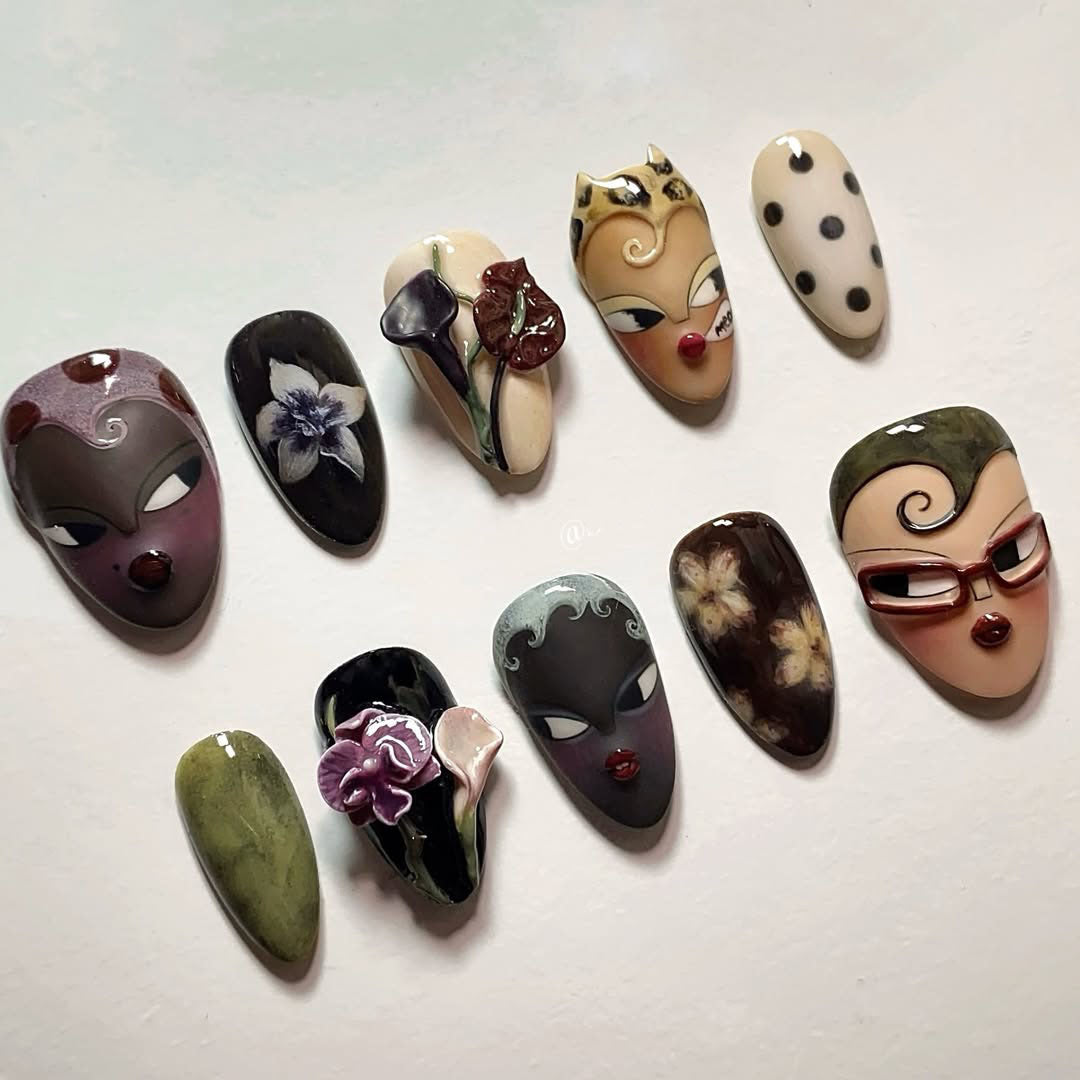 Art Face Press On Nails Sculptural Portrait Floral Statement Set
