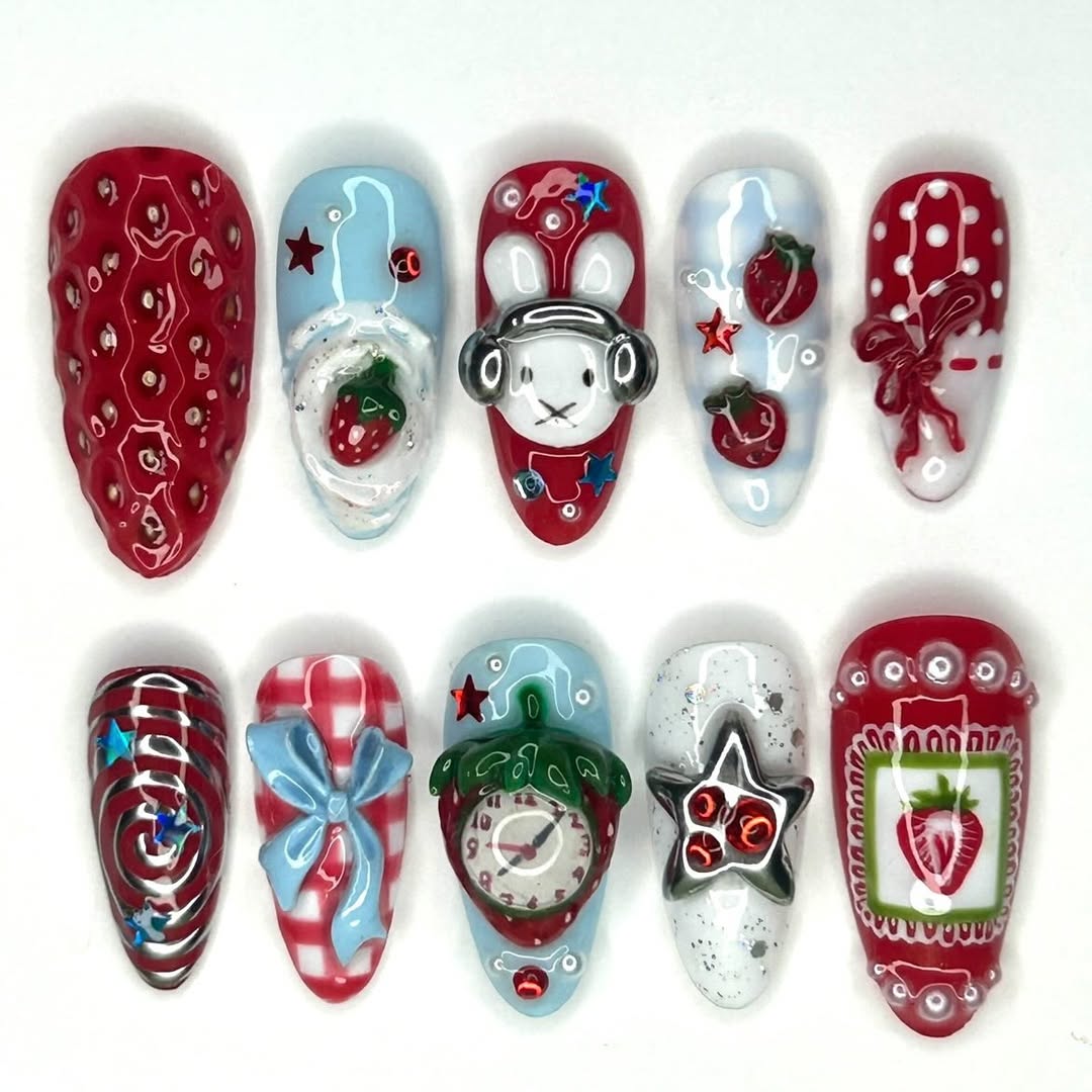 Strawberry Bunny Press On Nails Cute Dessert Art Long Set