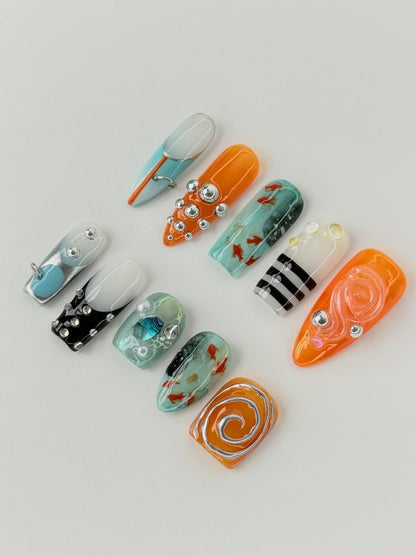 Orange Teal Abstract Press On Nails Modern Art Statement Set