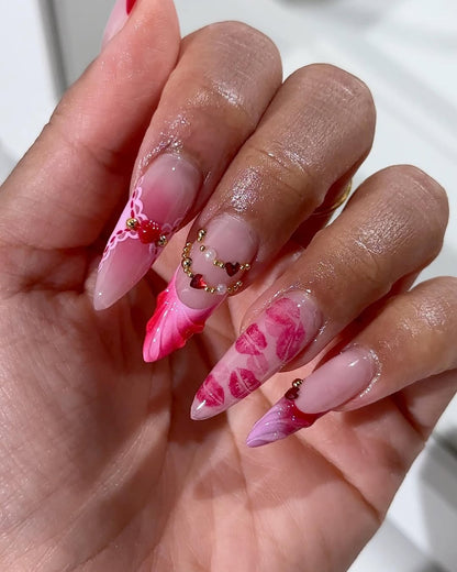 Pink Heart Kiss Press On Nails Luxury Romantic Statement Set