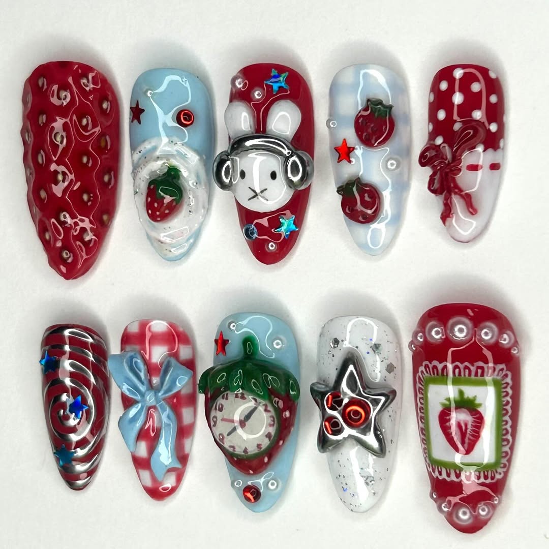 Strawberry Bunny Press On Nails Cute Dessert Art Long Set