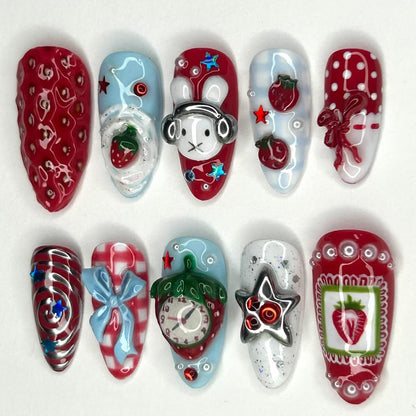 Strawberry Bunny Press On Nails Cute Dessert Art Long Set