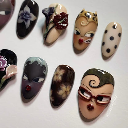 Art Face Press On Nails Sculptural Portrait Floral Statement Set