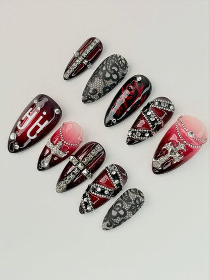 Gothic Red Cross Press On Nails Dark Statement Set