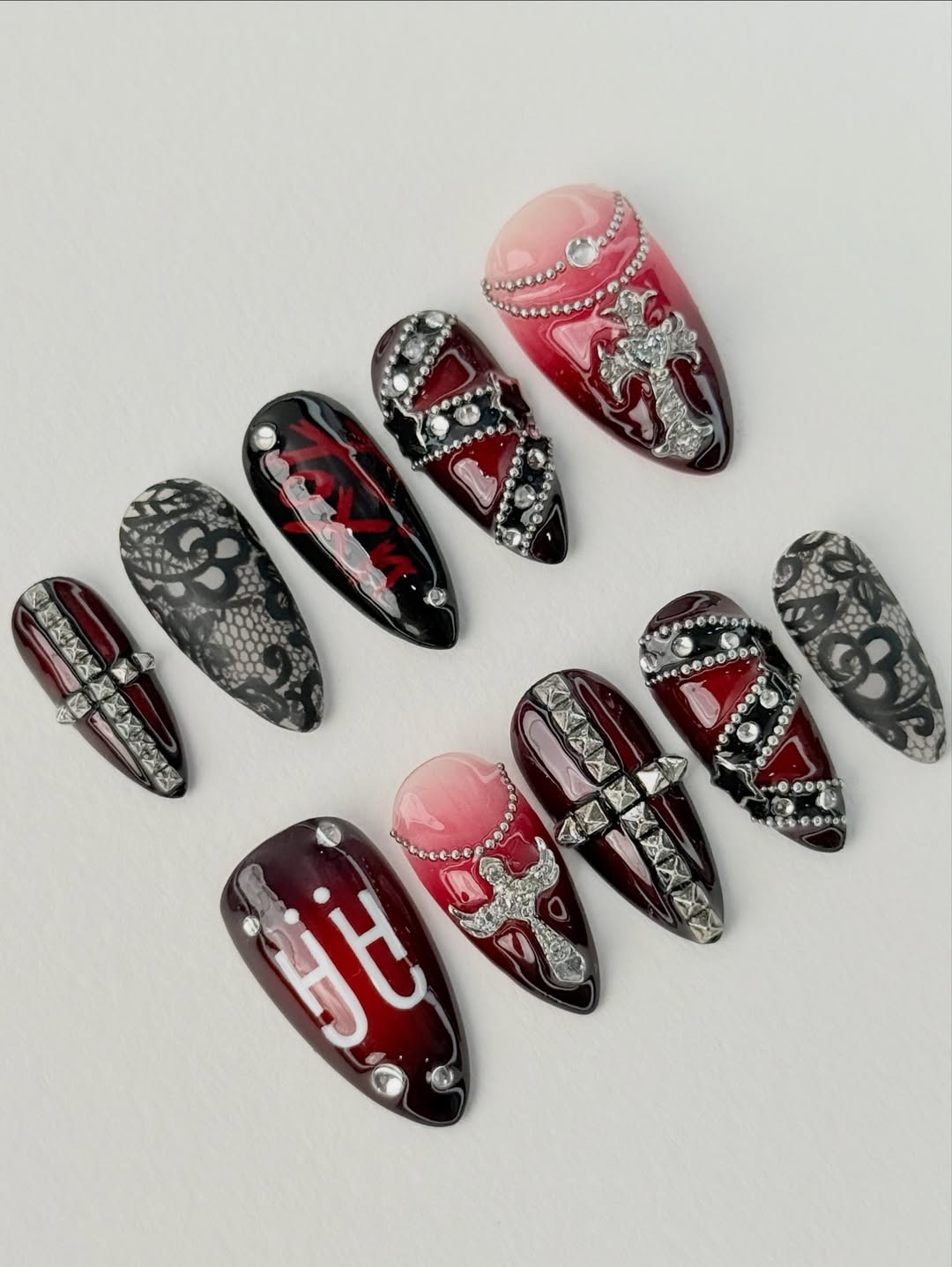 Gothic Red Cross Press On Nails Dark Statement Set