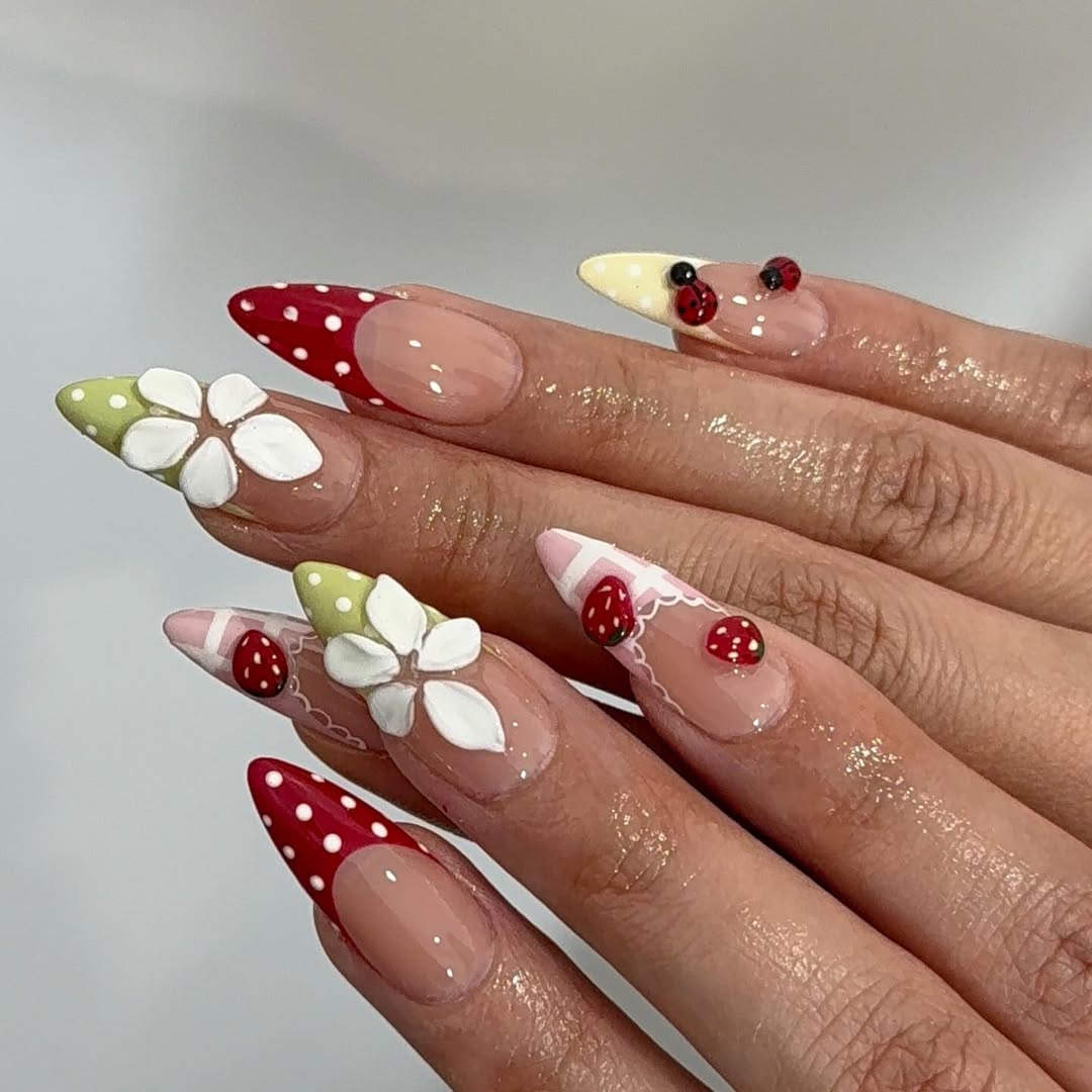 Strawberry Ladybug Floral Stiletto Press On Nails Set