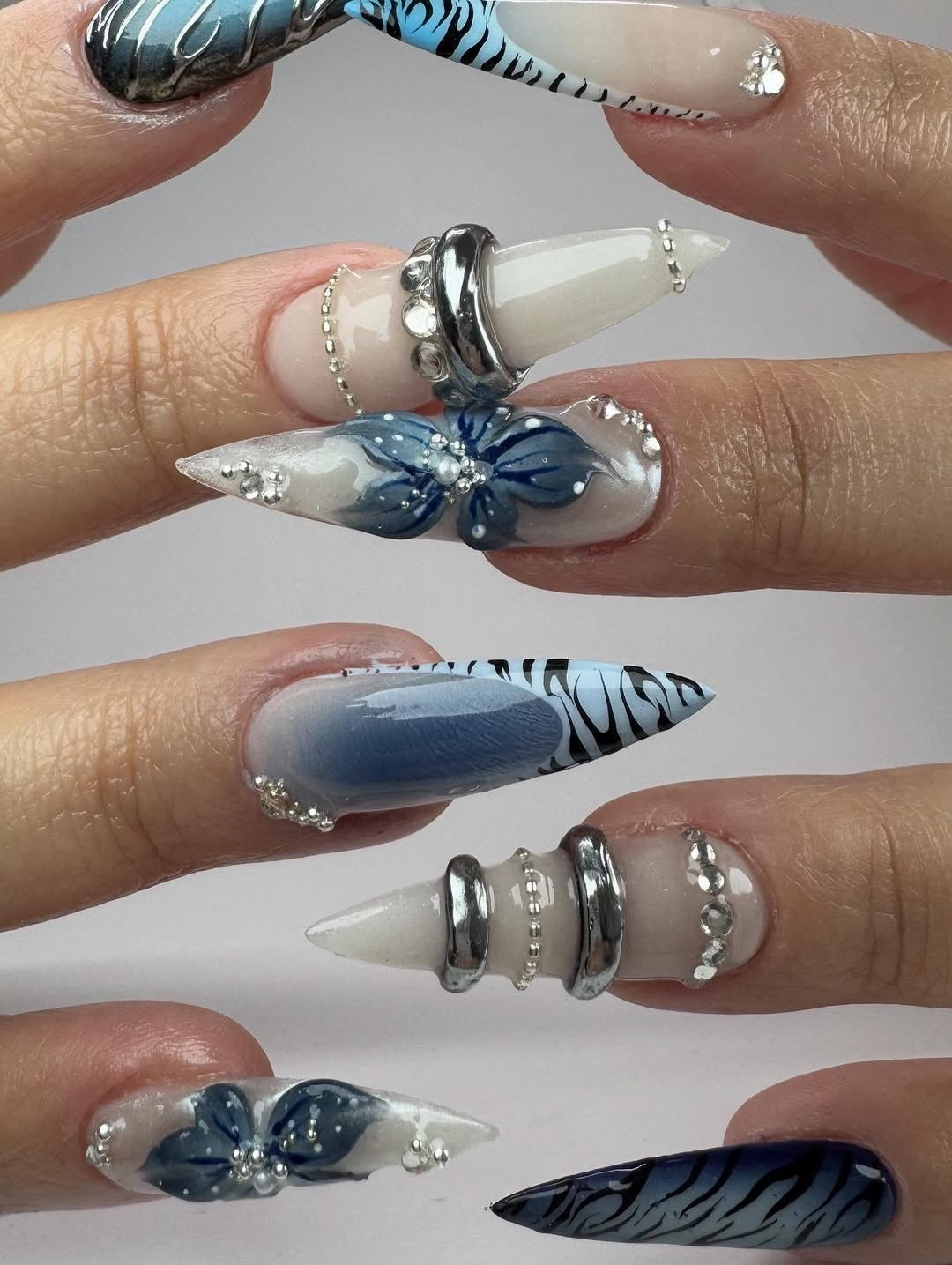Blue Silver Sculptural Press On Nails Luxury Statement Set