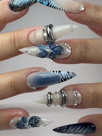 Blue Silver Sculptural Press On Nails Luxury Statement Set