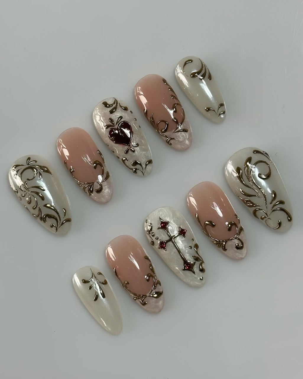 Ornate Gold Relief Press On Nails Handmade Elegant Nude Set