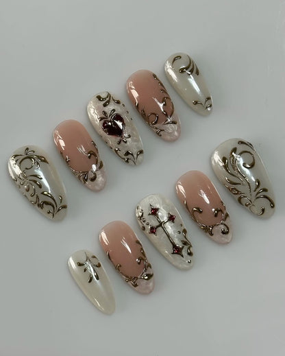 Ornate Gold Relief Press On Nails Handmade Elegant Nude Set
