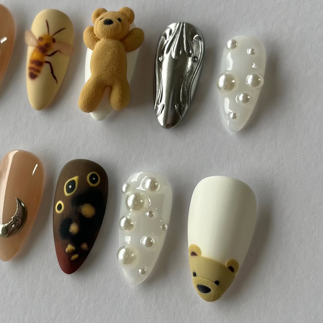 Teddy Bear Art Press On Nails Handmade Cute Long Set