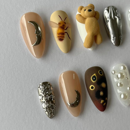 Teddy Bear Art Press On Nails Handmade Cute Long Set