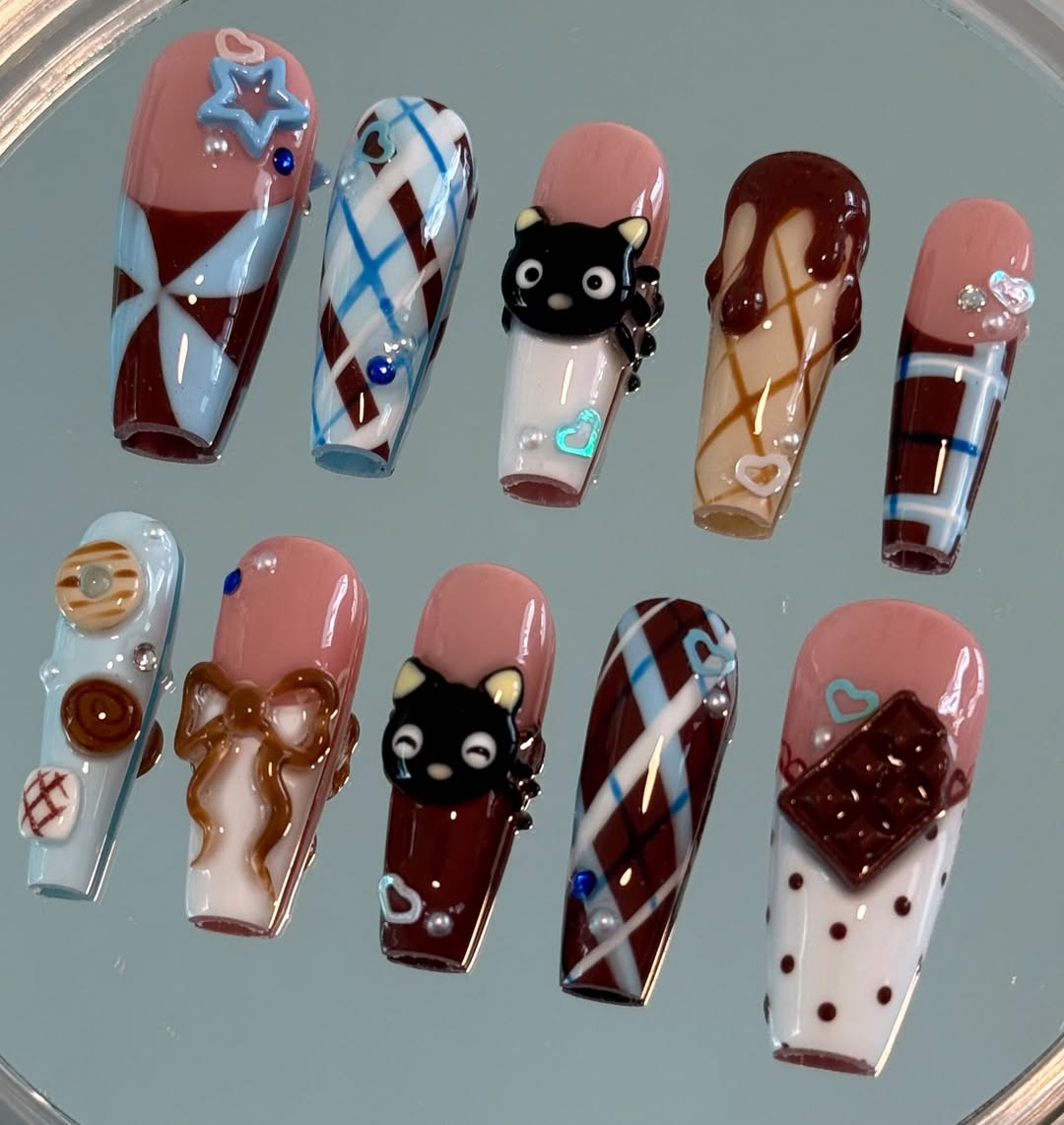 Cute Black Cat Chocolate Press On Nails Handmade Long Coffin
