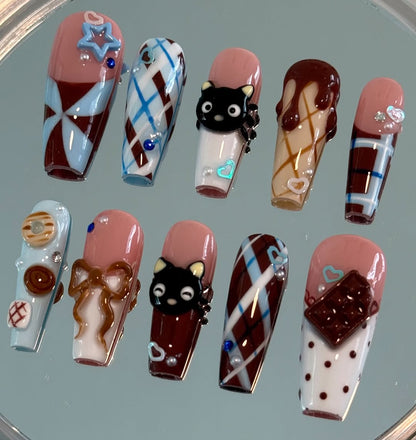 Cute Black Cat Chocolate Press On Nails Handmade Long Coffin