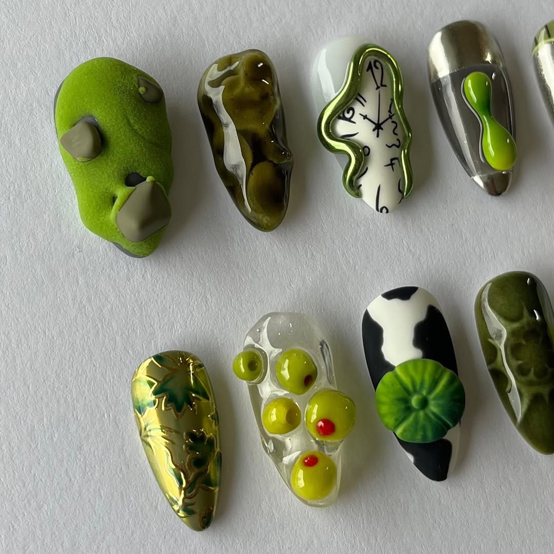 Green Art Press On Nails Handmade Abstract Long Nail Set