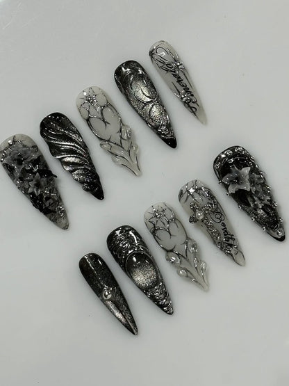 Dark Gothic Silver Press On Nails Handmade Long Stiletto Set