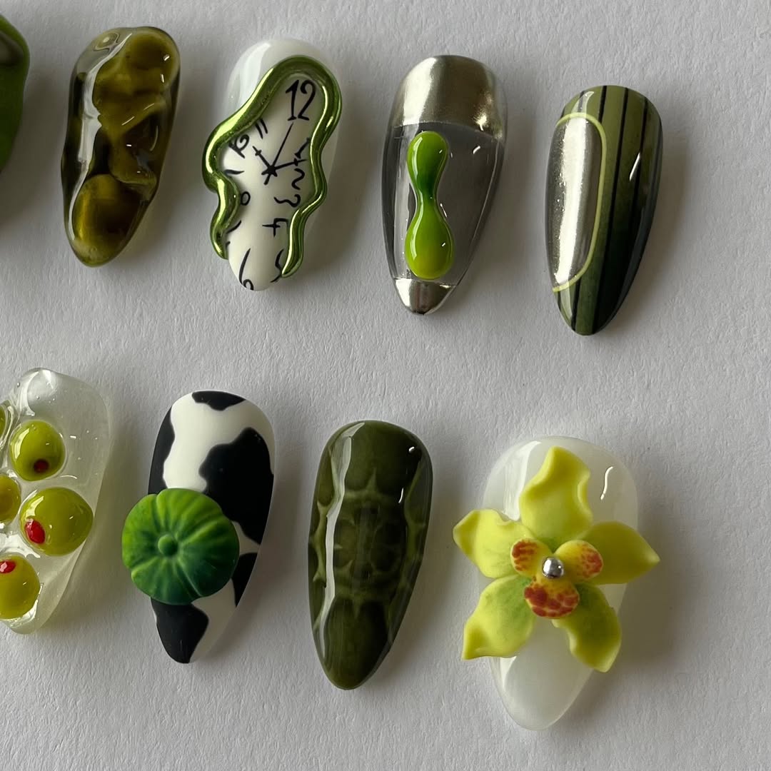 Green Art Press On Nails Handmade Abstract Long Nail Set
